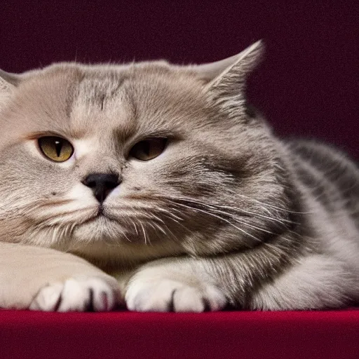 Image similar to a chonky cat, 1 0 5 mm photography, laying on a red carpet