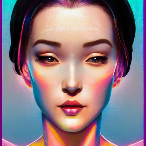 Image similar to smirking hologram woman with cute - fine - face, pretty face, oil slick hair, realistic shaded perfect face, extremely fine details, by realistic shaded lighting, dynamic background, poster by ilya kuvshinov katsuhiro otomo, magali villeneuve, artgerm, jeremy lipkin and michael garmash and rob rey, pascal blanche, kan liu