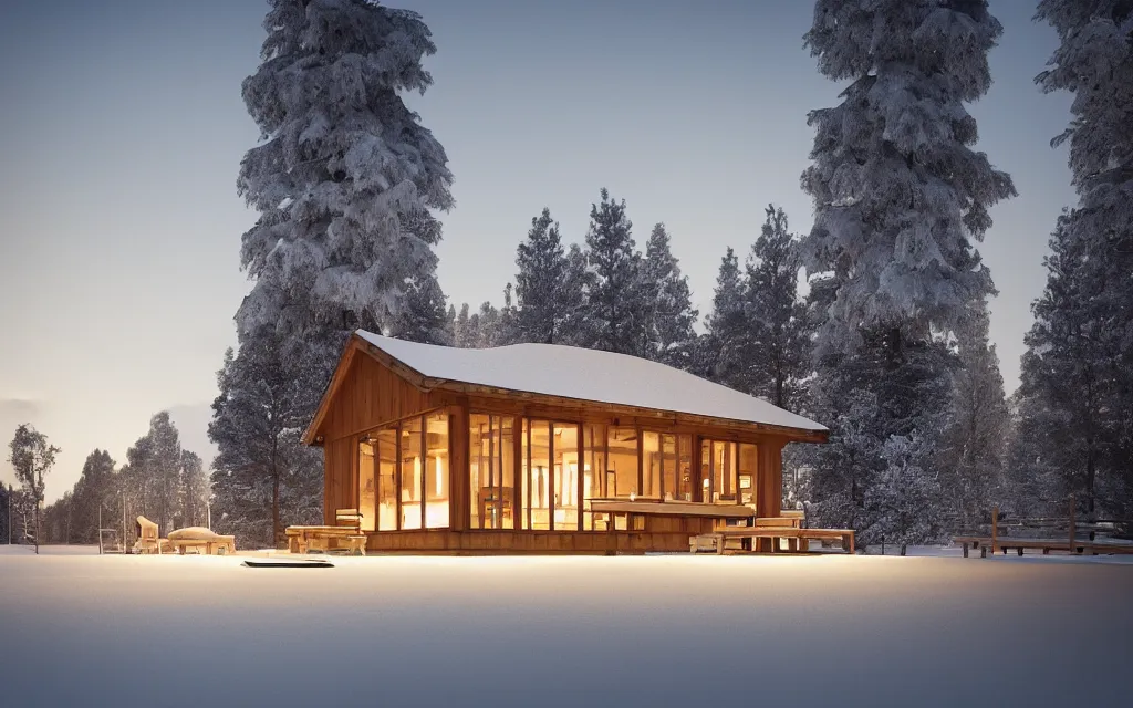 Prompt: finnish sauna architectural visualization, hotel, winter scene, cozy, corona render, rendered in vray, evening light, lakeside, dof, mountainous landscape, pine forest, evermotion, ronen bekerman, contest winner, archviz, peter guthrie, ultradetailed, photorealistic, mir. no