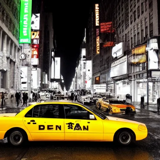 Image similar to « a man walking in a night raining streets, new york, big city, taxi, yellow cars, shops one the side with neons »