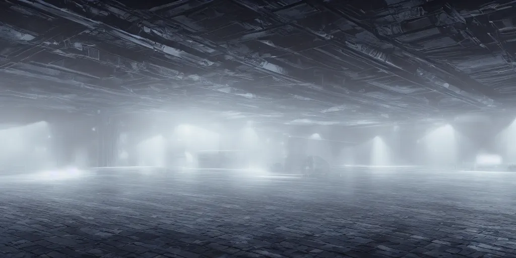Prompt: a long angle shot of a big dark room with white lights on the celling, highly detailed, unreal engine, 4 k, dark, moody, foggy, game render, hyper realistic