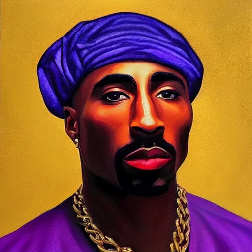 Prompt: oil painting portrait of tupac shakur in a purple suit, high quality art, oil on canvas, johannes vermeer