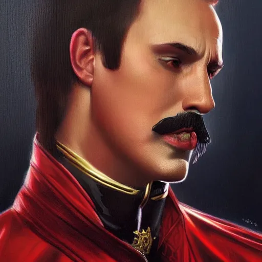 Image similar to Vladimir Putin as Freddy Mercury from Queen, portrait, highly detailed, digital painting, artstation, concept art, smooth, sharp focus, illustration, cinematic lighting, art by artgerm and greg rutkowski and alphonse mucha