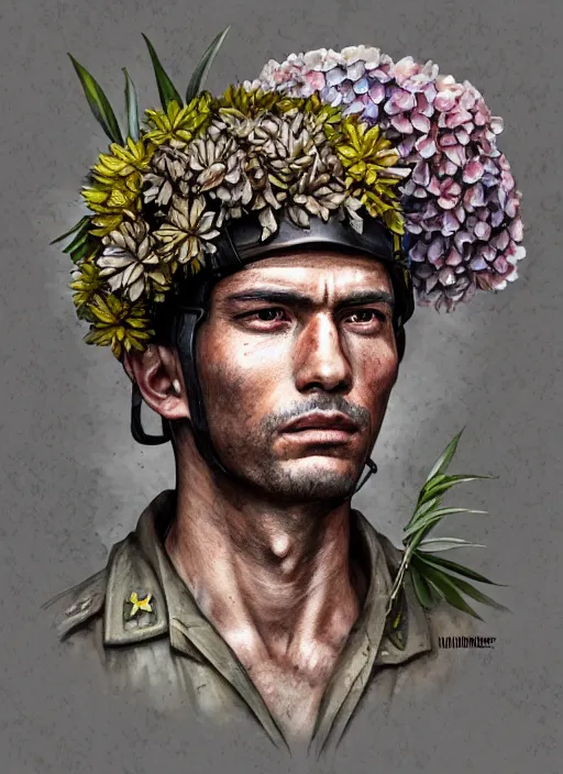 Prompt: handmade character portrait of a vietnam war american soldier covered in amaratyllis, hydrangea, chrysanthemum and hyacinth, in the style of artgerm and enki bilal and bastien lecouffe - deharme, wlop, line art, watercolor, cinematic lighting, hyperdetailed, hyperrealistic