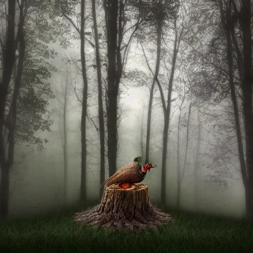 Prompt: pheasant guard sits on a stump, in deep forest, style by Hedgehog in the Fog , by Yuri Norstein art, small details, realistic illustration, foggy atmosphere, volumetric lighting ,