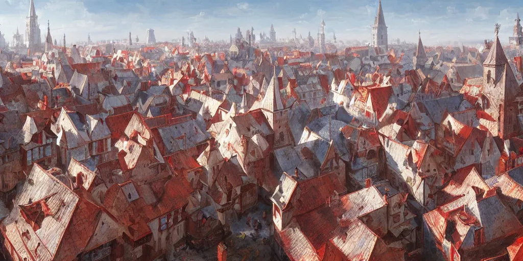 Image similar to hyper realistic oil painting of a medieval city made out of white and red houses, hyper detailed, high contrast, bright, summer, blue skies, by Greg Rutkowski, trending on artstation