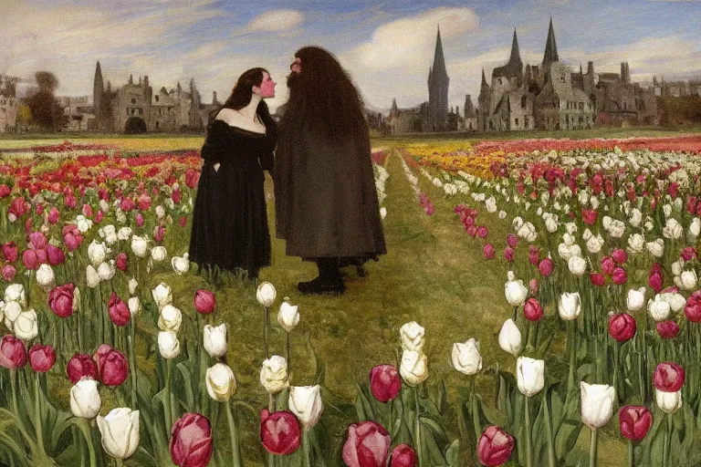 Image similar to hagrid the viking and morticia addams kiss in a field of tulips, masterpiece, highly detailed, oil on canvas, art by walter sickert, john singer sargent, and william open