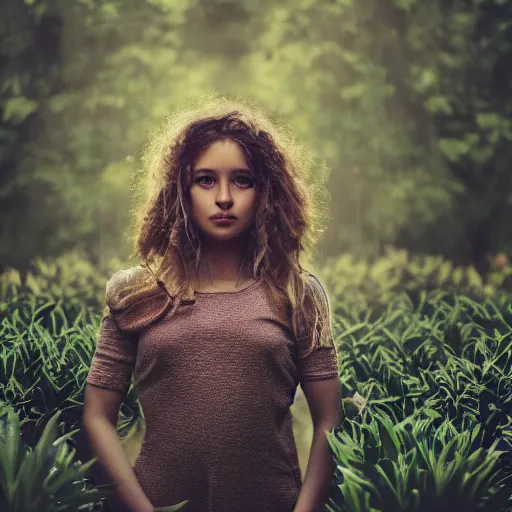 Image similar to a beautiful girl made out of plants, full body shot, 8 k, shallow depth of field, moody lighting, cinematic lighting,