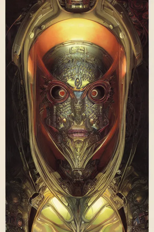 Image similar to portrait of mad alien robot queen, symmetrical, by yoichi hatakenaka, juan gimenez, brom, karol bak, alphone mucha, gustave dore