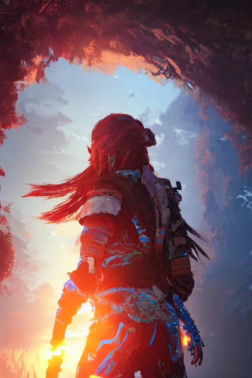 Image similar to combination suit armor aloy horizon forbidden west horizon zero dawn radiating a glowing aura global illumination ray tracing hdr fanart arstation by ian pesty and alena aenami artworks in 4 k tribal robot ninja mask helmet backpack