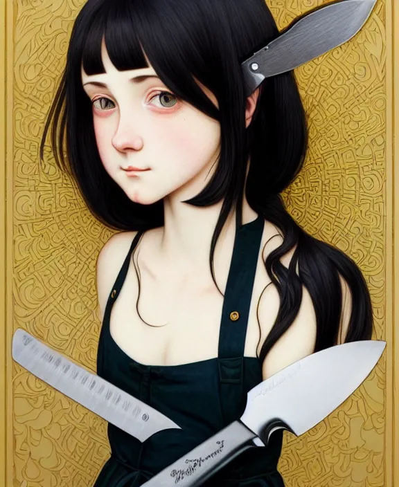 Image similar to portrait of a morbid 18 year old young woman wearing a cottage-core aesthetic dress with straight silky black hair, in a butcher shop, holding a butcher knife, insanely and epically detailed high-quality small details, beautiful golden ratio, exquisitely detailed soft shadowig style, epic illustration style, style of Range Murata and by Alphonse Mucha and by Katsuhiro Otomo.