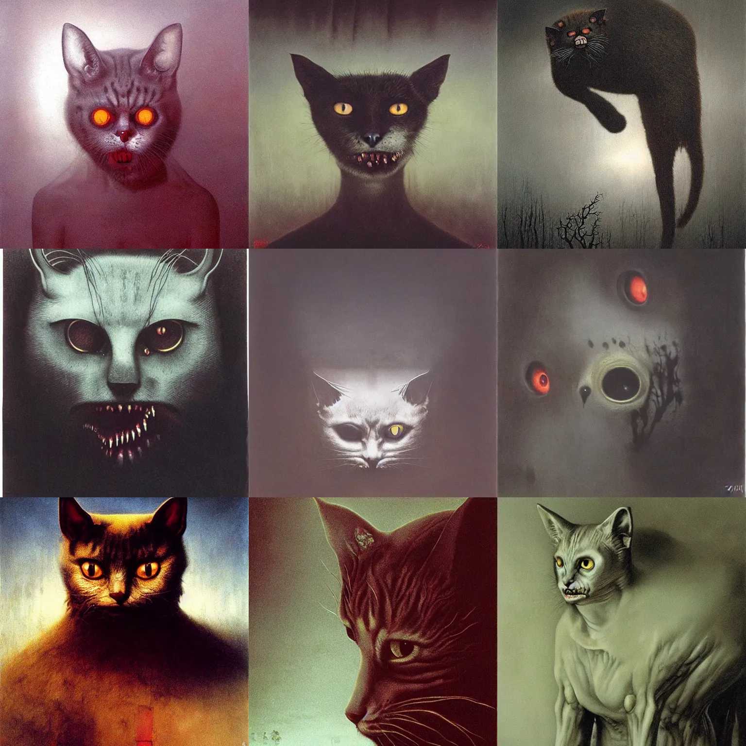 Prompt: zombie cat. horrifying, eerie, bloody. gloomy lighting. white eyes. matte painting by zdzisław beksinski.