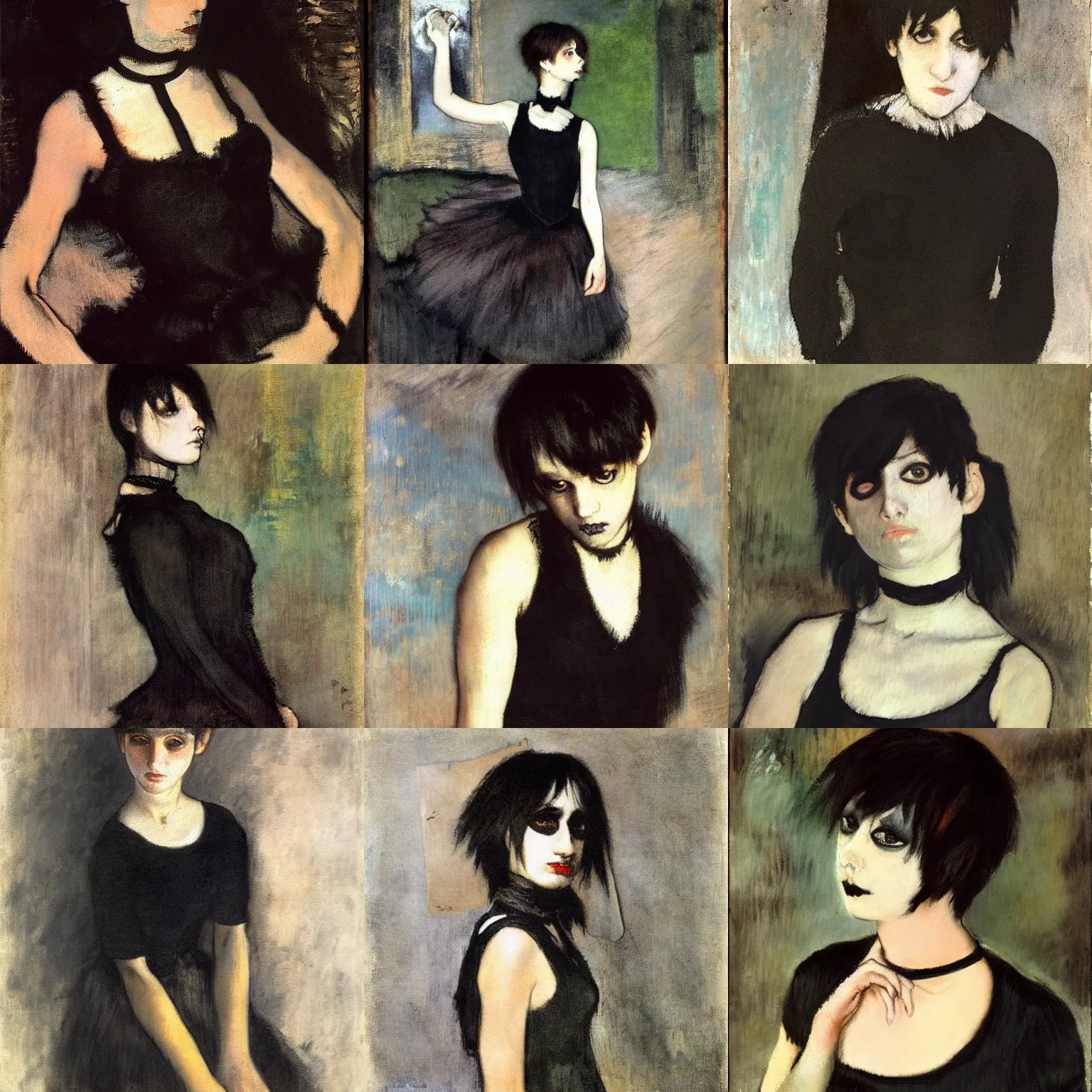 Prompt: an emo painted by edgar degas. her hair is dark brown and cut into a short, messy pixie cut. she has large entirely - black evil eyes. she is wearing a black tank top, a black leather jacket, a black knee - length skirt, a black choker, and black leather boots.