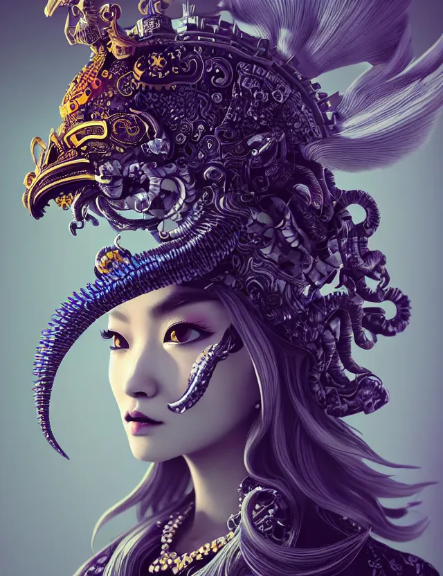 Image similar to 3 d goddess close - up profile portrait with crown, ram skull. beautiful intricately detailed cyberpunk japanese crow kitsune mask and clasical japanese kimono. betta fish, jellyfish phoenix, bio - luminescent, plasma, ice, water, wind, creature, artwork by tooth wu and wlop and beeple and greg rutkowski