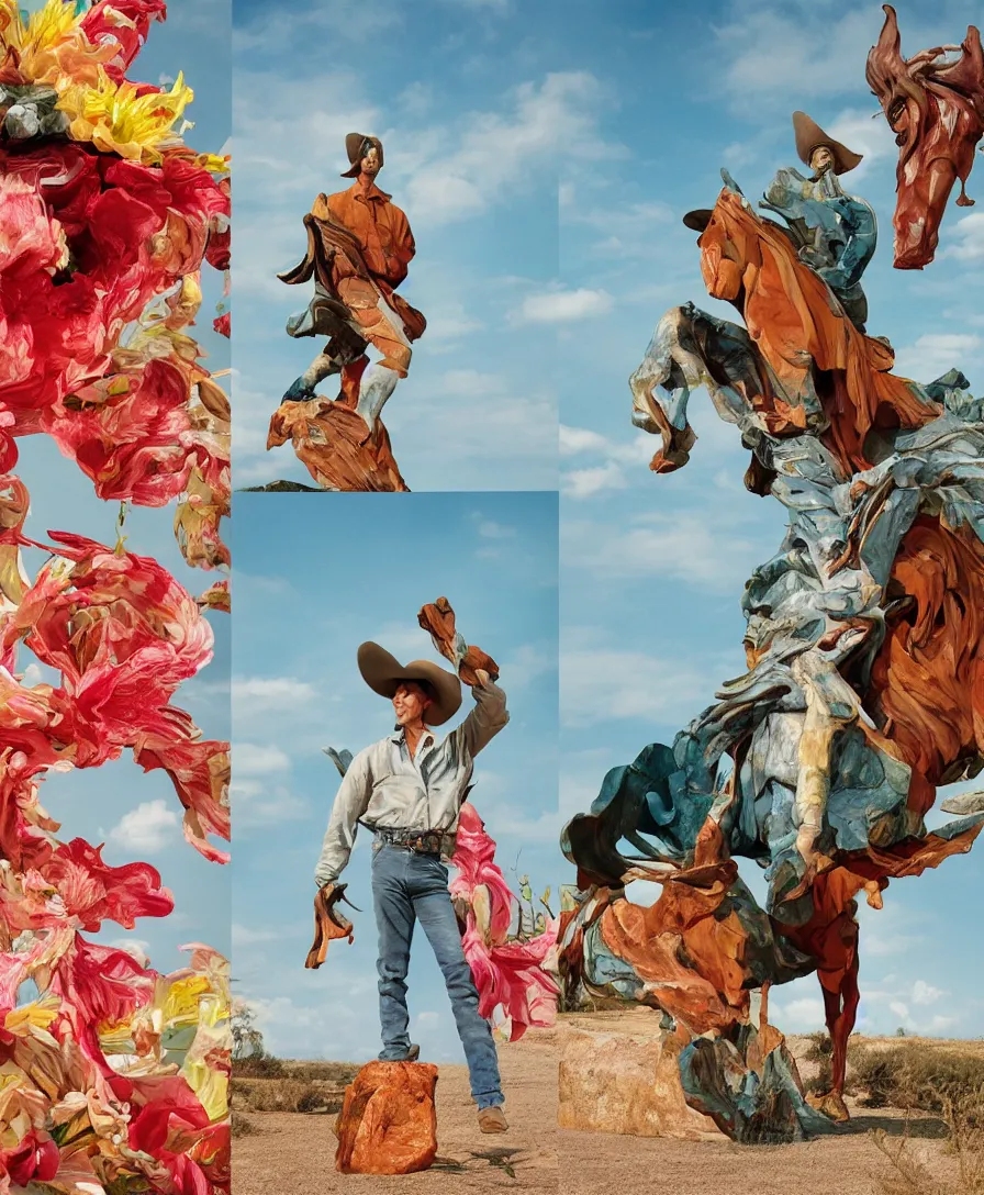 Image similar to a cowboy turning into blooms by slim aarons, by zhang kechun, by lynda benglis. tropical sea slugs, angular sharp tractor tires. complementary bold colors. warm soft volumetric dramatic light. national geographic. 8 k, rendered in octane, smooth gradients. angular sculpture by antonio canova by gian lorenzo bernini.