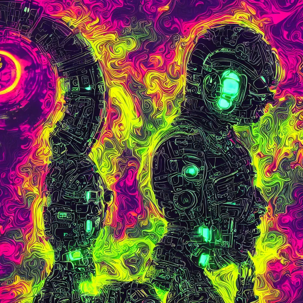 Image similar to photo of a black tshirt with a hyperdetailed futuristic trippy cyberpunk meditating robot head, 8 k, symetrical, flourescent colors, multicolored tshirt art,