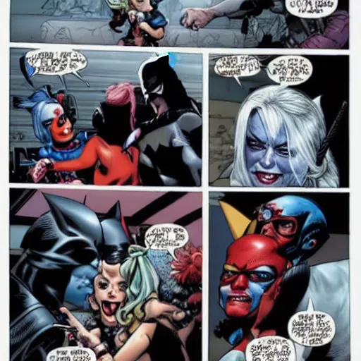 Image similar to harley quinn hitting batman on the head with a baseball bat