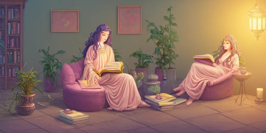 Prompt: a pastel illustration of a woman wizard, ornate clothing, lounging on a purpur pillow on the marbled checkered floor in her study room reading an ancient tome. to the side is a potted plant, moody candlelit raytracing. ancient oriental scifi fantasy setting. 4 k key art. by mark tedin