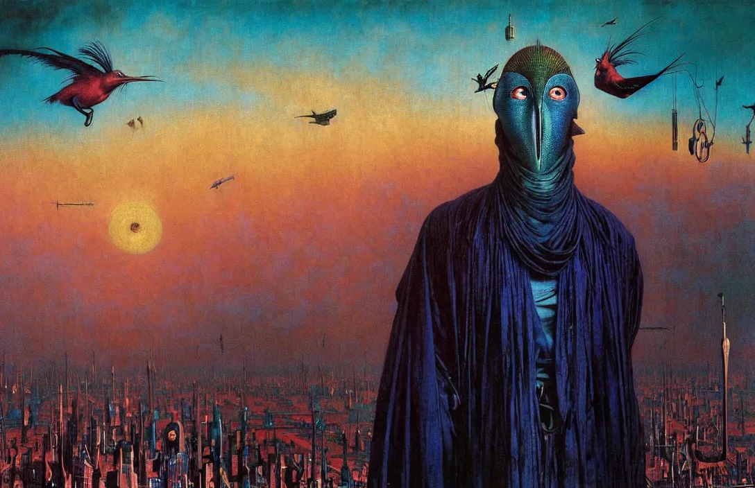 Image similar to realistic detailed portrait movie shot of a birdman wearing dark ragged robes, futuristic city sunset landscape background by denis villeneuve, amano, yves tanguy, alphonse mucha, ernst haeckel, max ernst, wayne barlowe, masterpiece, rich moody colours, bird head, blue eyes, hyperdetailed