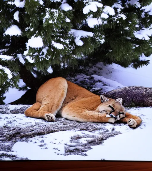 Prompt: postcard showing 'a cougar sleeping in the middle of snowy pine tree' laying on coffee table and ripped up, zoomed out shot, HD, iphone capture