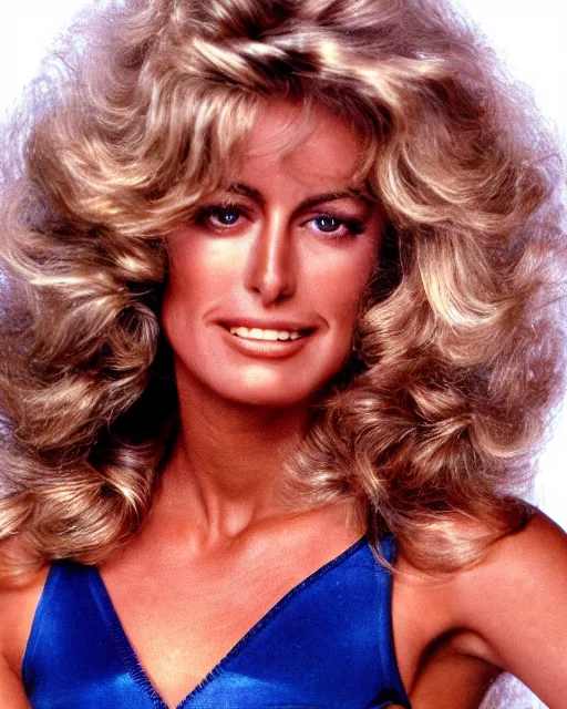 Image similar to closeup portrait of a beautiful young farrah fawcett in a sports illustrated photoshoot, rim lighting, glamour pose, hyper realistic, soft lighting,,, hd, octane, arney freytag!!!