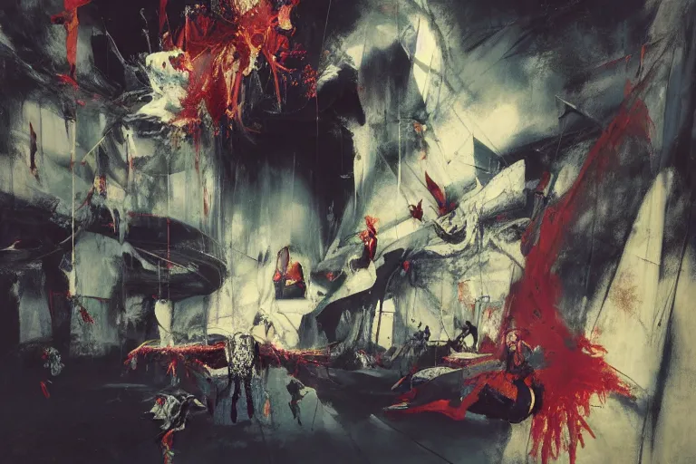 Prompt: the physical impossibility of death, inside a brutalist designed space ship, gothic, rich deep colours, painted by francis bacon, adrian ghenie, james jean and petra cortright, part by gerhard richter, part by takato yamamoto. 8 k masterpiece, cinematic lighting