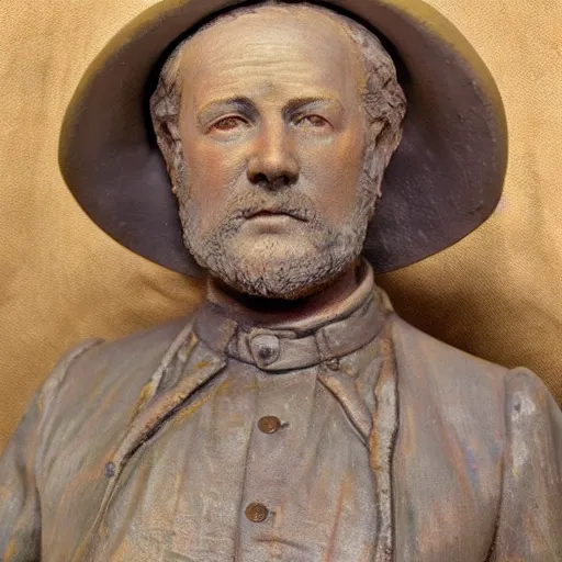 Image similar to hyper realistic closeup bust of a new england fisherman, painted, colorized, bossons vintage chalkware, by emile renouf