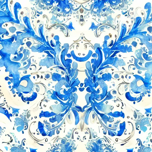 Image similar to watercolor of blue rococo fractal calligraphy decorations, and flowers, wallpaper, trending in artstation