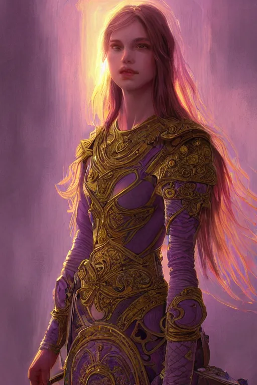 Image similar to portrait knights of Zodiac girl, metalic pink and pastel purple reflected armor, in ruined Agora of Athens sunrise, ssci-fi, fantasy, intricate, very very beautiful, elegant, golden light, highly detailed, digital painting, artstation, concept art, smooth, sharp focus, illustration, art by tian zi and WLOP and alphonse mucha