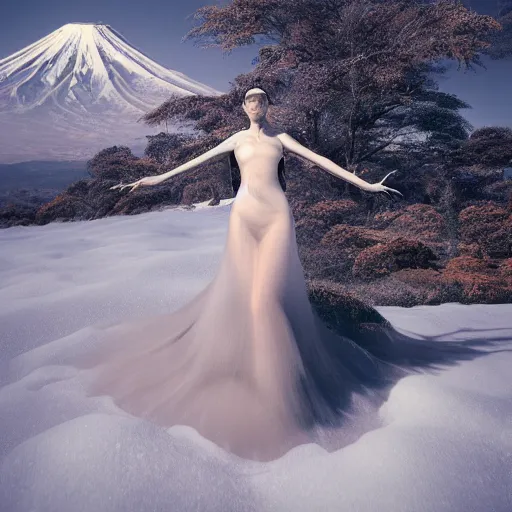 Prompt: a instax photo of fuji mountain, a tall japanese girl in a transparent sheer fabric dress against the background of fuji mountain, severe snow, full body shot, by peter kemp, by monia merlo, hyperrealistic, hyperdetailed, octane render, 8 k