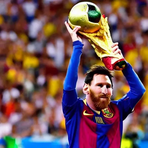 Prompt: a picture of messi holding the fifa world cup