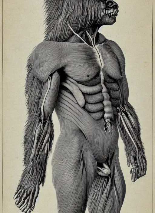 Image similar to vintage medical anatomical illustration of sasquatch, highly detailed, labels, intricate writing