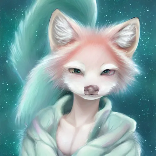 Image similar to aesthetic portrait commission of a albino cute furry anthro winter fox wearing a cute mint colored cozy soft pastel winter outfit with the full moon in the background , soft snowy winter Atmosphere. Character design by charlie bowater, ross tran, artgerm, and makoto shinkai, detailed, inked, western comic book art, 2021 award winning painting
