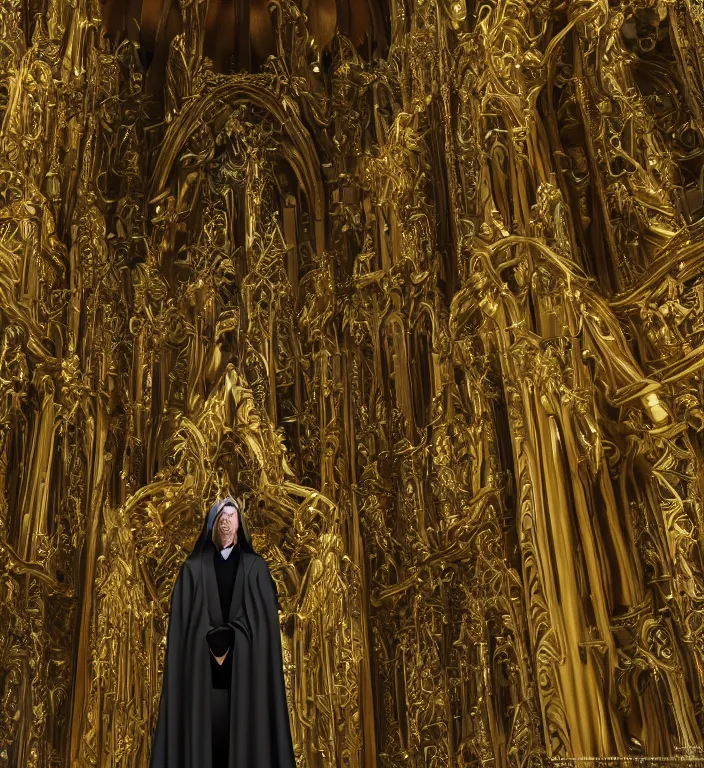 Image similar to full length picture angel wearing black robe with gold wings in an elaborate cathedral, sharp focus, DOF, unreal engine, 8k, ultra detailed, photorealistic + sigma 105mm f2.8 macro