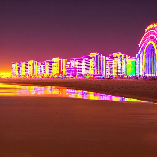 Image similar to ocean beach at night, drone footage, vaporwave style, nightglow, neon signs 8 k shot on dslr