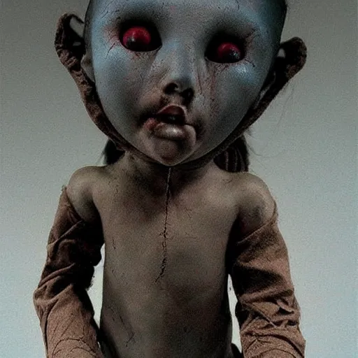 Image similar to creepy doll cursed witchcraft black eyes toy ryohei hase zdzislaw beksinski