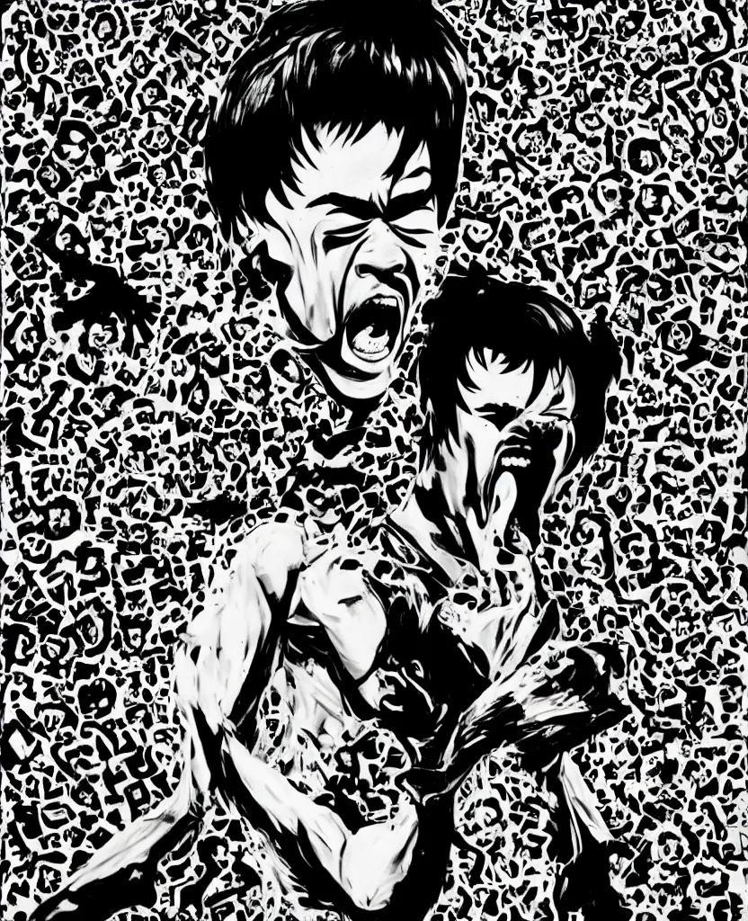 Prompt: a portrait of a screaming bruce lee by mcbess and shepard fairey and lisa frank