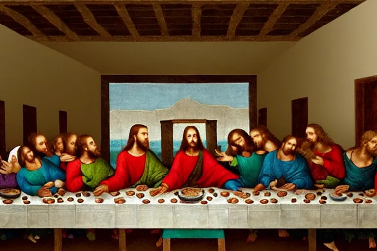 Prompt: the last supper with lizards