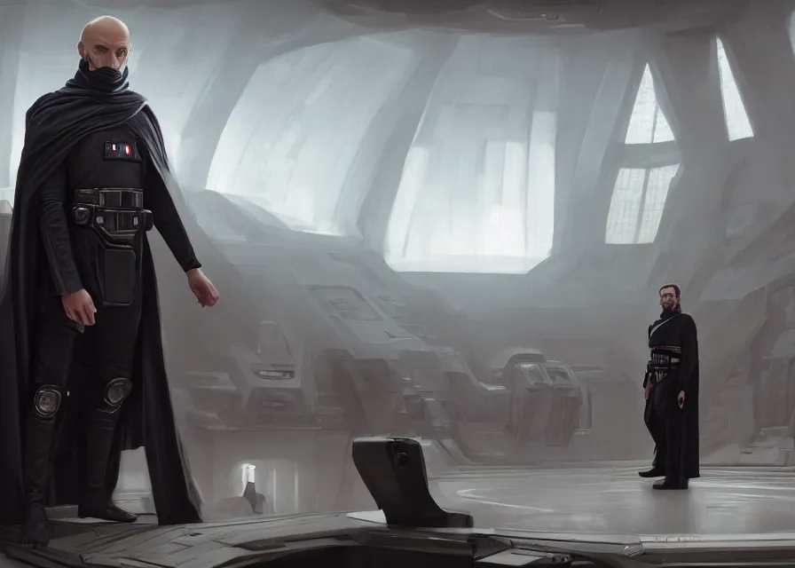 Image similar to painting of Emmanuel Macron dressed as Arcann in Star Wars inside the galactic senate, sharp focus, full body, trending on ArtStation, masterpiece, by Greg Rutkowski, by Ross Tran, by Fenghua Zhong, octane, clear eyes, soft render, clear facial features, oil on canvas, moody lighting, cinematic, professional environment concept art