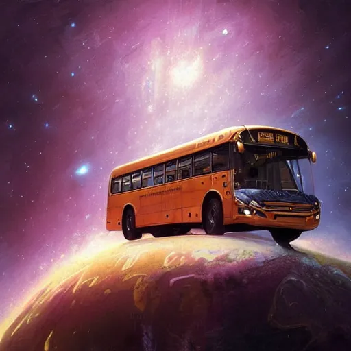 Image similar to realistic render portrait of an bus flying through space intricate, dystopian, sci-fi, extremely detailed, digital painting, sculpted in zbrush, artstation, concept art, smooth, sharp focus, illustration, chiaroscuro lighting, golden ratio, incredible art by artgerm and greg rutkowski and alphonse mucha and simon stalenhag