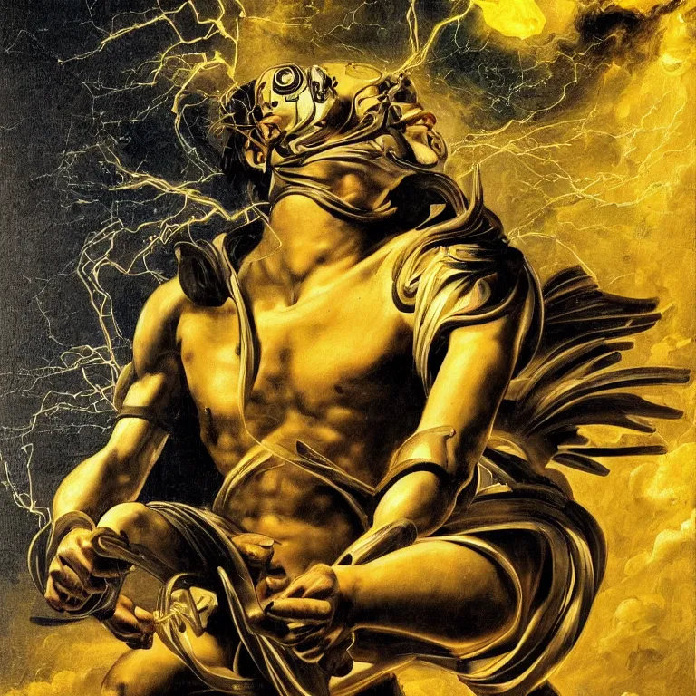 Prompt: mythological god of thunder and artificial intelligence creating an artificial neural network with dark yellow synapses on an anvil, high resolution, award winning art, trending on art station, sharp image, incredibly detailed, god of thunder detailed character realistic painting, painting by caravaggio