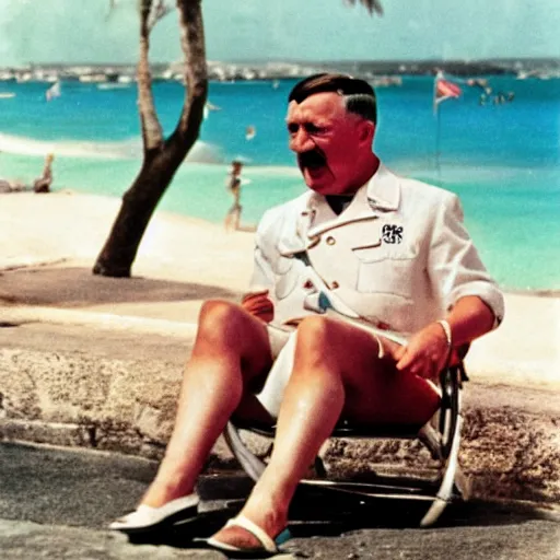 Image similar to adolf hitler enjoying the summer in cuba, photo made by Slim Aarons, award winning,