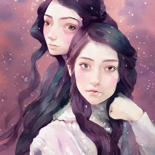 Prompt: a highly detailed portrait of sisters with purpure very very long hair, There are large snow-white peonies in the background, artstation, watercolor, highly detailed, portrait, by krenz cushart