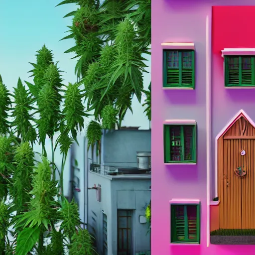 Prompt: Cannabis house, ultra-realistic, 8k, 3d, super detailed color graphics, unreal engine, Wes Anderson color palette, 3d rendering, colorful, digital art, 100 steps