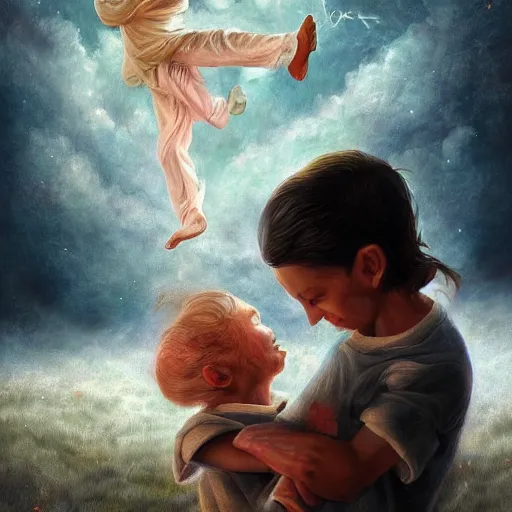 Image similar to Michal jackson dancing with a little kid in heaven, cinematic, beautiful digital painting, hyper detailed