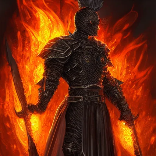 Prompt: a man in black-crystal armor surrounded by flames wielding a battle-axe made of black crystals. ,D&D, fantasy, elegant, hopeful, muscular, highly detailed, digital painting, artstation, concept art, smooth, sharp focus, illustration