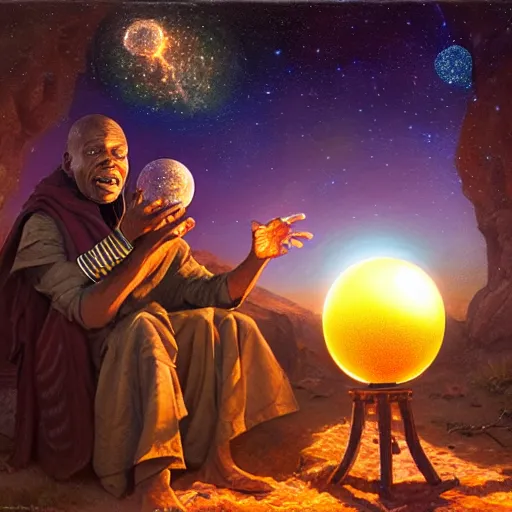 Image similar to an elder african psychic reading his crystal ball under a meteor shower, greg rutkowski and android jones and amanda sage, oil on canvas, 8k