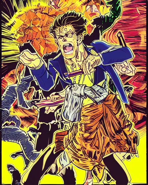 Image similar to Digital color ink drawing of Willem Dafoe from JoJo\'s Bizzare Adventure, highly detailed, sharp focus, screentone shading, 1990 manga panel, trending on ArtStation, manga cover art drawn by Hirohiko Araki