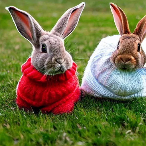 Image similar to Rabbits wearing sweaters.