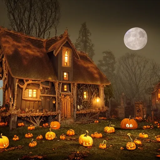 Image similar to a highly detailed old english tudor cottage in a scary pumpkin patch and graveyard, volumetric, fall colors, night, dead tree forest, pumpkins, moon, photorealistic, insanely detailed and intricate, epic scene, volumetric haze, hyper realistic, elegant, ornate, elite, horror, creepy, ominous, haunting, cinematic lighting, unreal engine, symmetrical, cinematic centered camera, high detail